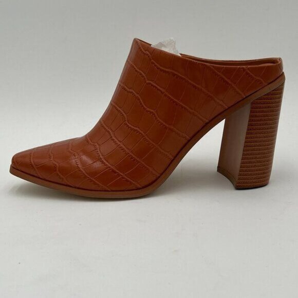 FOWT Brown Crocodile Embossed Mules Chunky Stacked Heel Pointed Toe Slippers - Picture 2 of 6